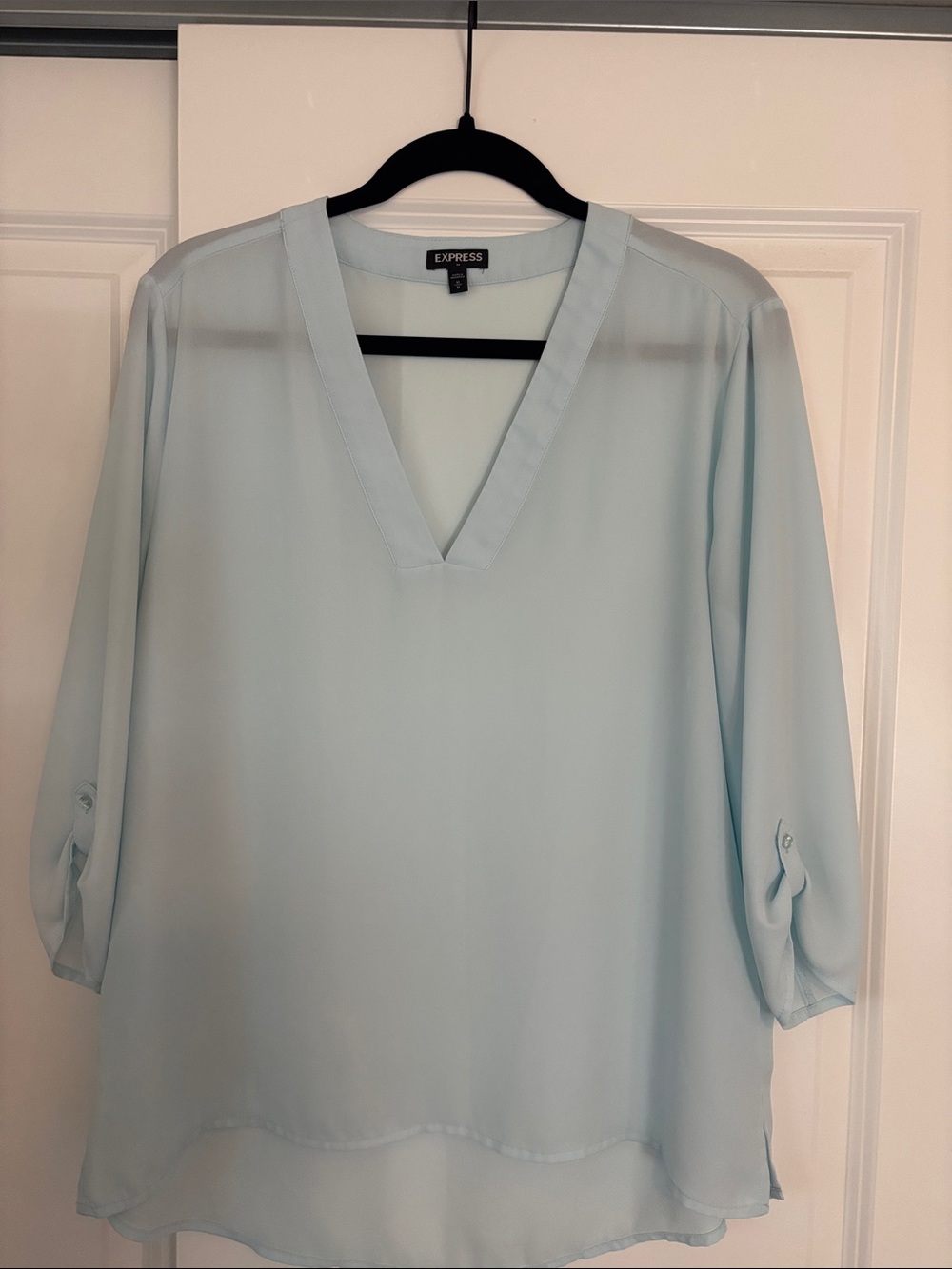 Express Light Blue V-Neck Roll-Tab Blouse